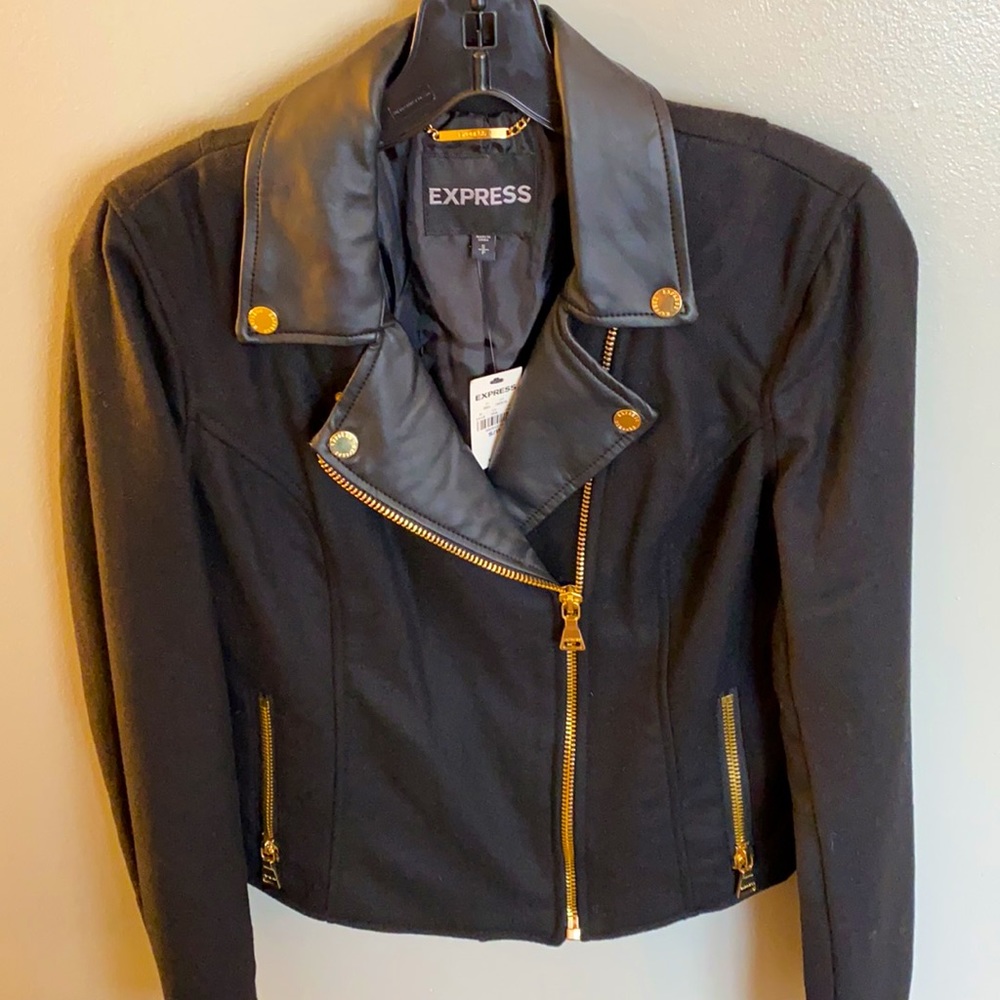 S Black & Gold Wool & Vegan Leather Jacket *NWT*